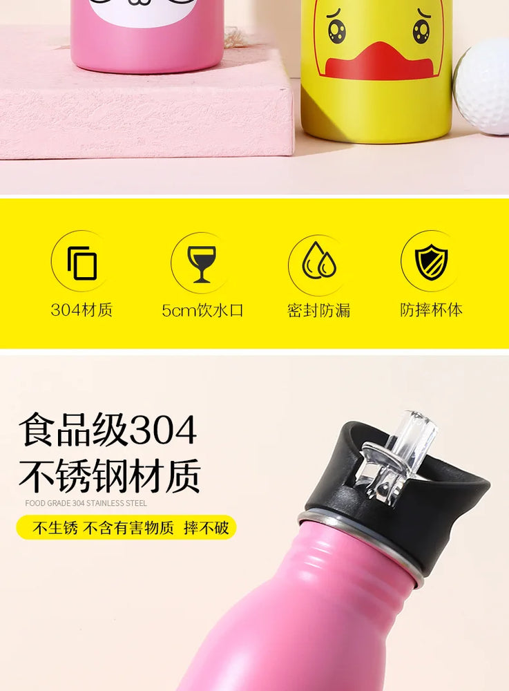 Kids Stainless Steel Straw Water Bottle Cartoon Portable Bottle