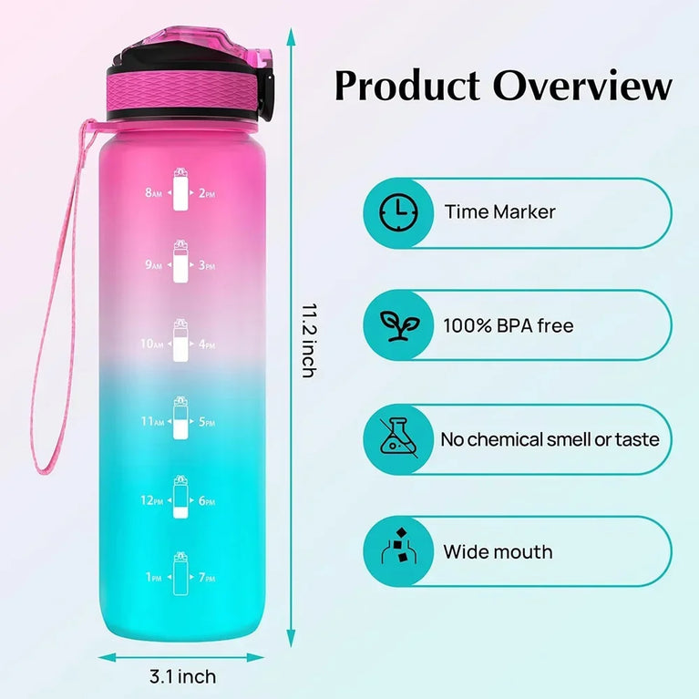 1000ML Motivational Time Marker Sports Waterbottle Leakproof Gym Bottle