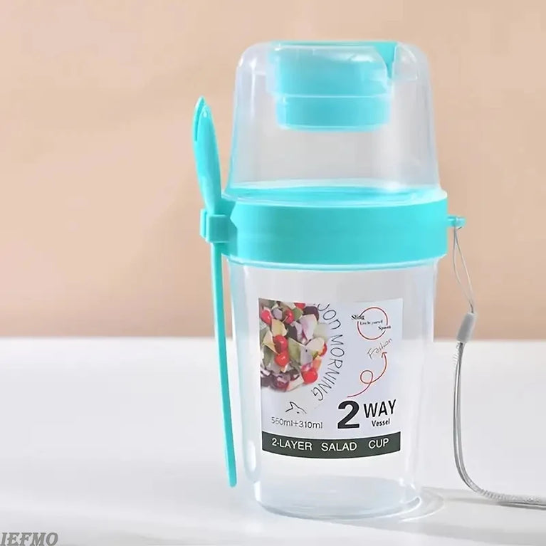Portable Breakfast Salad Cup Oatmeal Fruit Vegetable Container with Fork Lid Leakproof Round PP Jar
