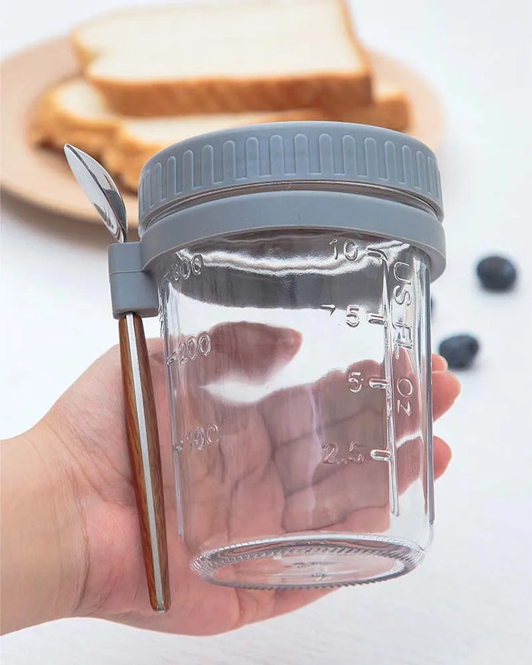 Overnight Oats Container with Lid and Spoon 300ML Glass Breakfast Cup for Yogurt Salad Cereal Storage