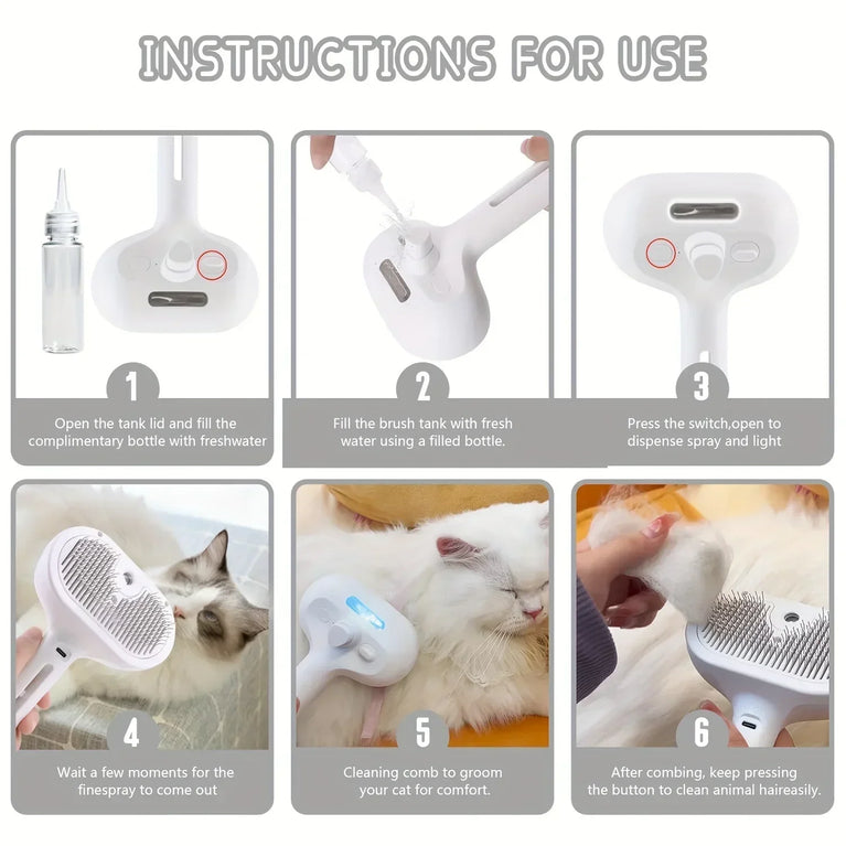 3-in-1 Electric Cat Hair Brush Steam Spray Grooming Comb Tool