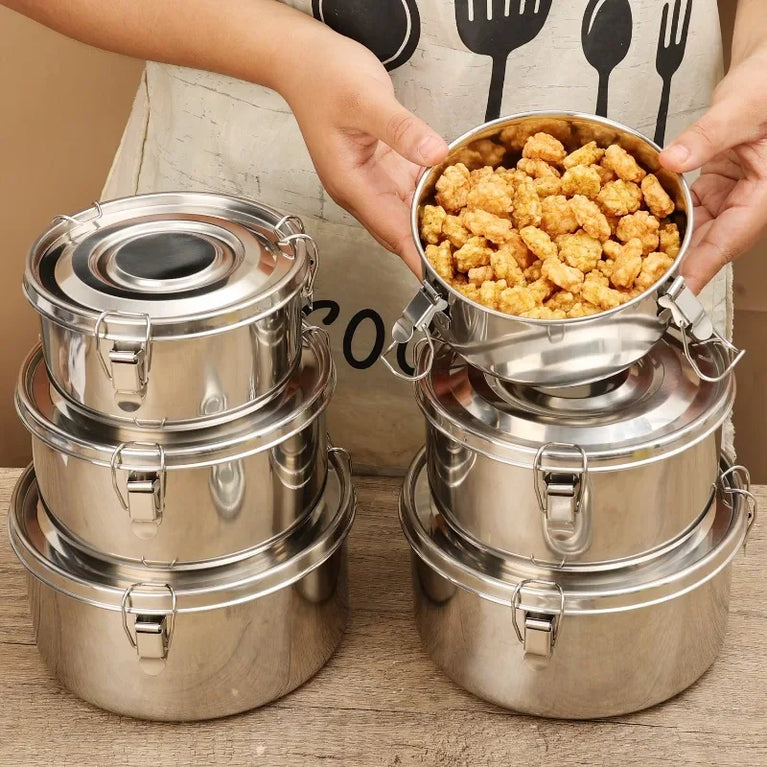 Stainless Steel Fresh Keep Round Sealed Lunch Box Buckle Food Container Fruit Salad Organizer for Refrigerator Storage