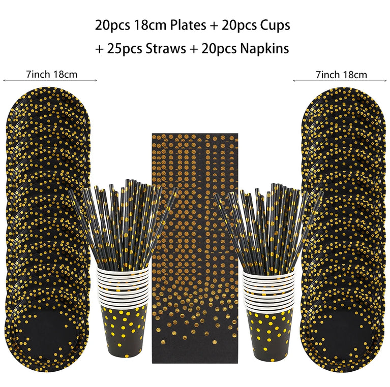 Black Gold Birthday Disposable Tableware Set Party Wedding Decoration Kit