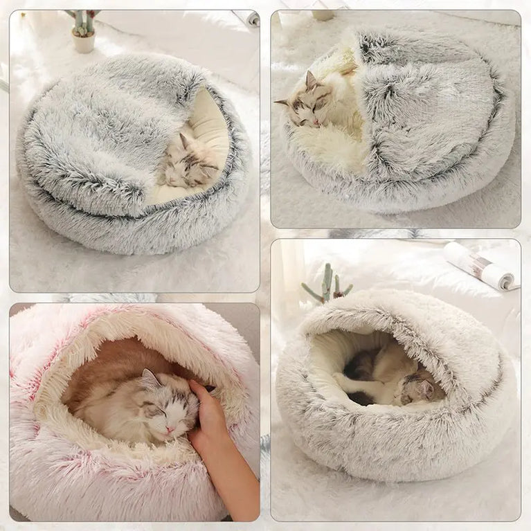 2-in-1 Round Plush Pet Nest | Half-Enclosed Warm Cave Bed