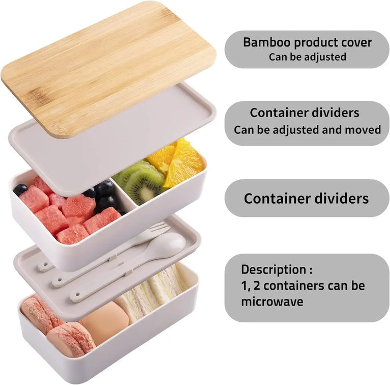 2-Tier Leakproof Bento Lunch Box with Cutlery Microwave Safe Stackable Food Storage Container for Kids and Adults