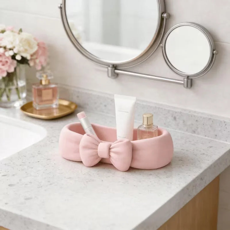 Cute Bow Bathroom Desk Organiser Makeup Tray Skincare Storage Box
