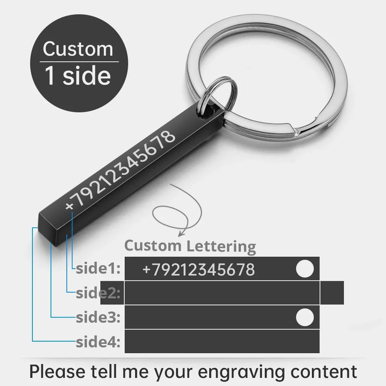 3D Bar Stainless Steel Personalized Keychain | Custom Engraved 4-Side Keyring