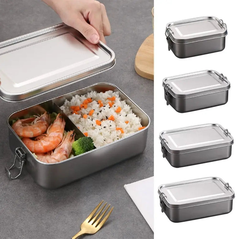 Stainless Steel Leakproof Bento Lunch Box Large Capacity Square Food Container with Lock Clips for Travel and Outdoor Use