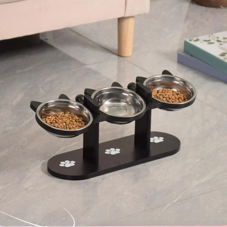 Adjustable 15° Elevated Cat Feeding Bowl with Wooden Support Stand