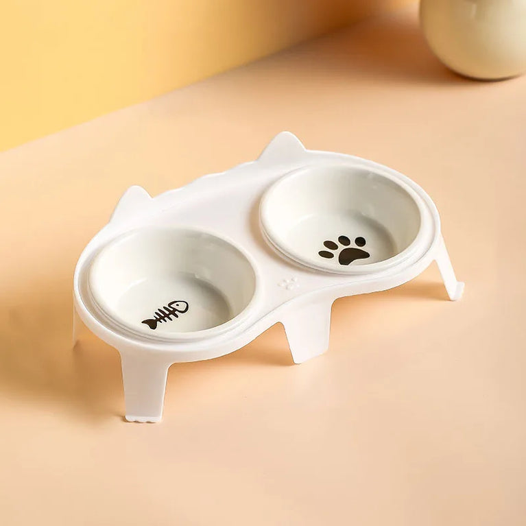 Ceramic Cat Bowl Double Bowl Elevated Slanted Pet Feeding Water Dish Rounded Design