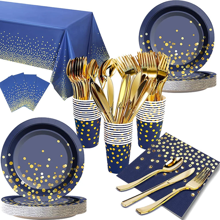 Navy Blue Gold Disposable Tableware Set for Wedding Party Use