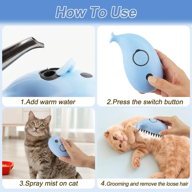 3-in-1 Cat Steam Brush Silicone Grooming Shedding Tool with Spray Function