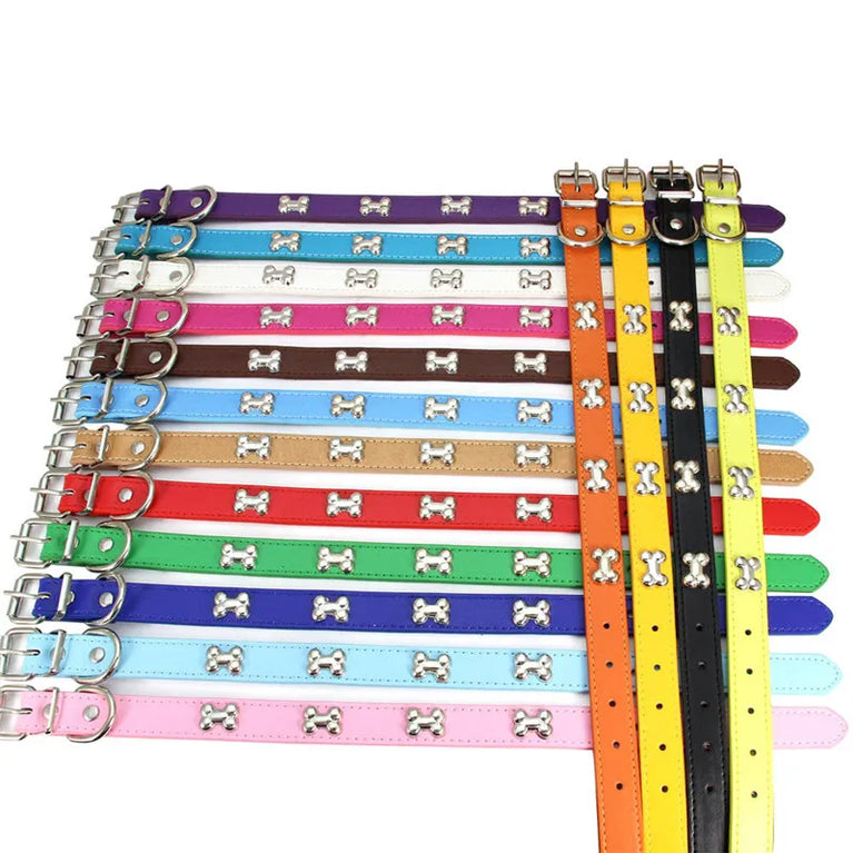 Bone Leather Dog Collars Puppy Pug Collars Small Large Cat Collar