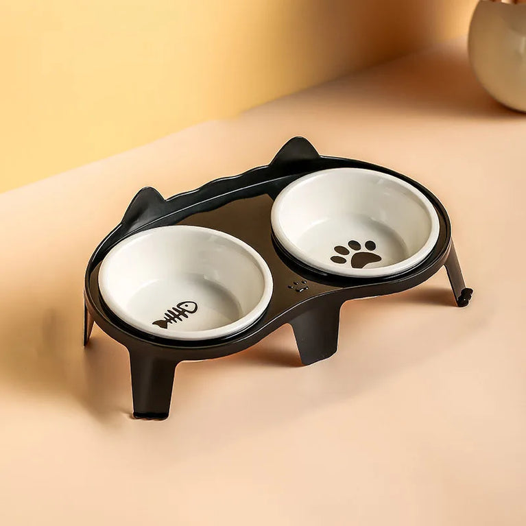Ceramic Cat Bowl Double Bowl Elevated Slanted Pet Feeding Water Dish Rounded Design