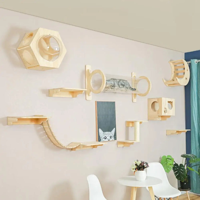 Wall-Mounted Cat Hammock & Climbing Set | Space-Saving Wood Furniture