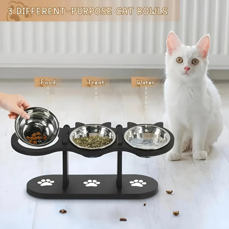 Adjustable 15° Elevated Cat Feeding Bowl with Wooden Support Stand