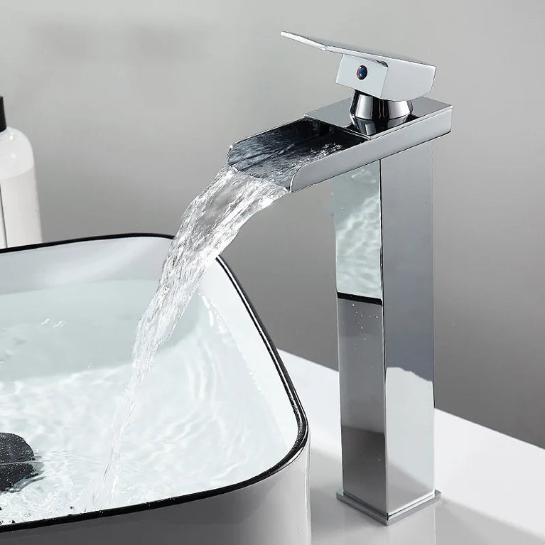 Waterfall Wide-Mouth Stainless Steel Faucet | Contemporary Deck-Mounted Hot & Cold Basin Tap
