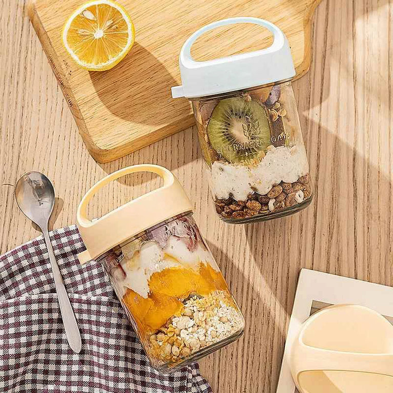 Glass Yogurt Breakfast Cup With Lid Spoon Overnight Oats Container Jar