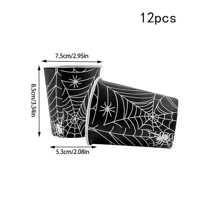 Halloween Spider Web Disposable Tableware Set Black Plates Cups Napkins Party Decoration
