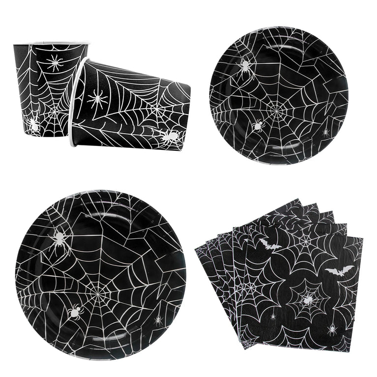 Halloween Spider Web Disposable Tableware Set Black Plates Cups Napkins Party Decoration