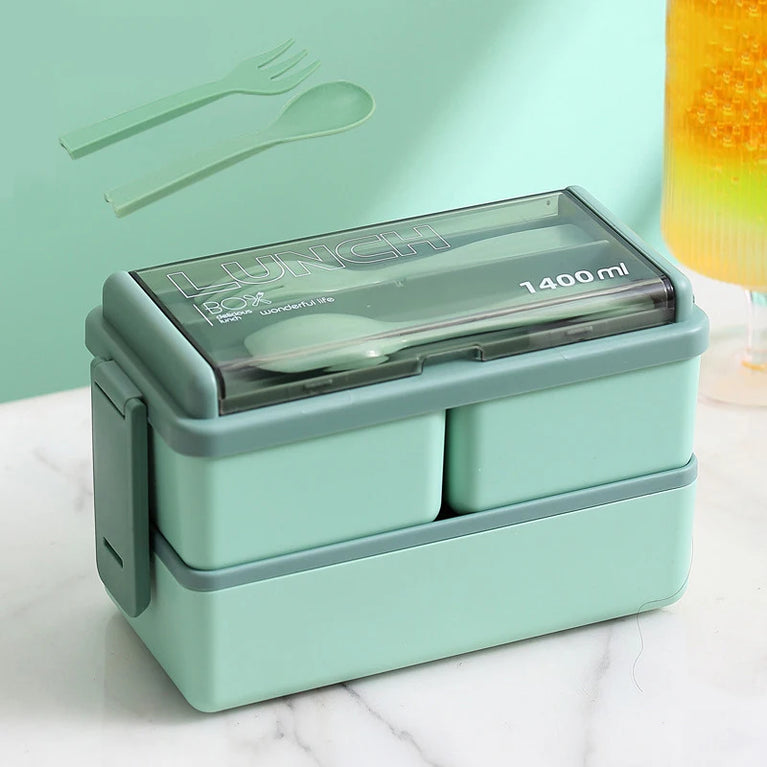 Double Layer Portable Lunch Box with Spoon & Fork Leakproof Microwave Container