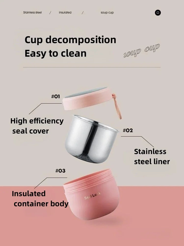 600ML 304 Stainless Steel Soup Noodle Bowl with Lid Leakproof Lunch Box Container