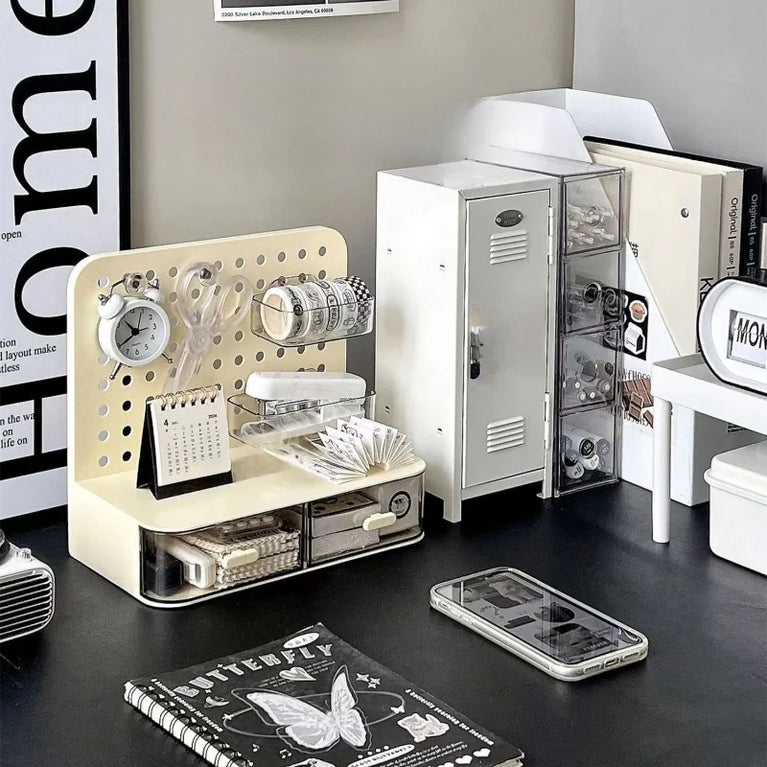Desktop Perforated Board Desk Organiser with Drawer Storage Rack