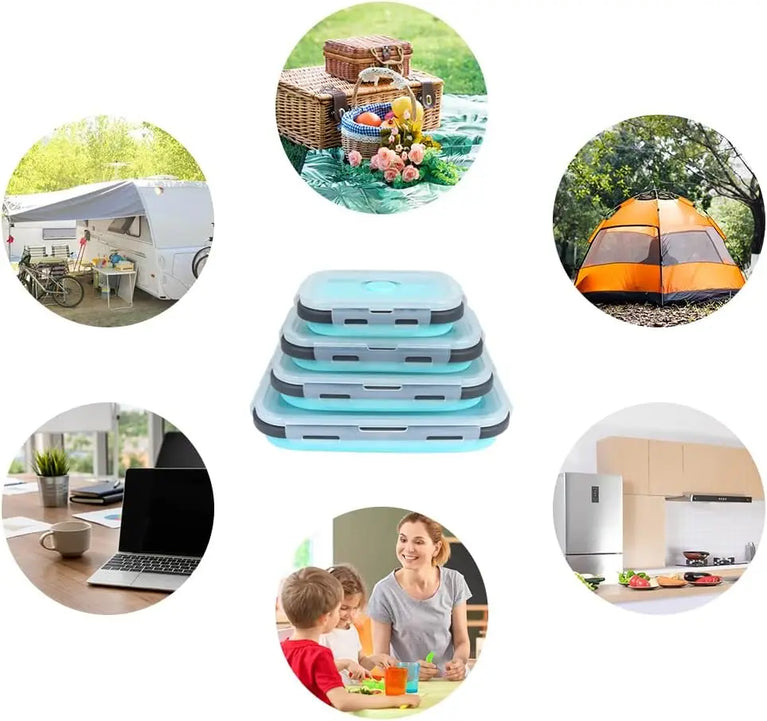 4PS Collapsible Silicone Food Storage Containers with Lids Vent Kitchen Meal Prep Set
