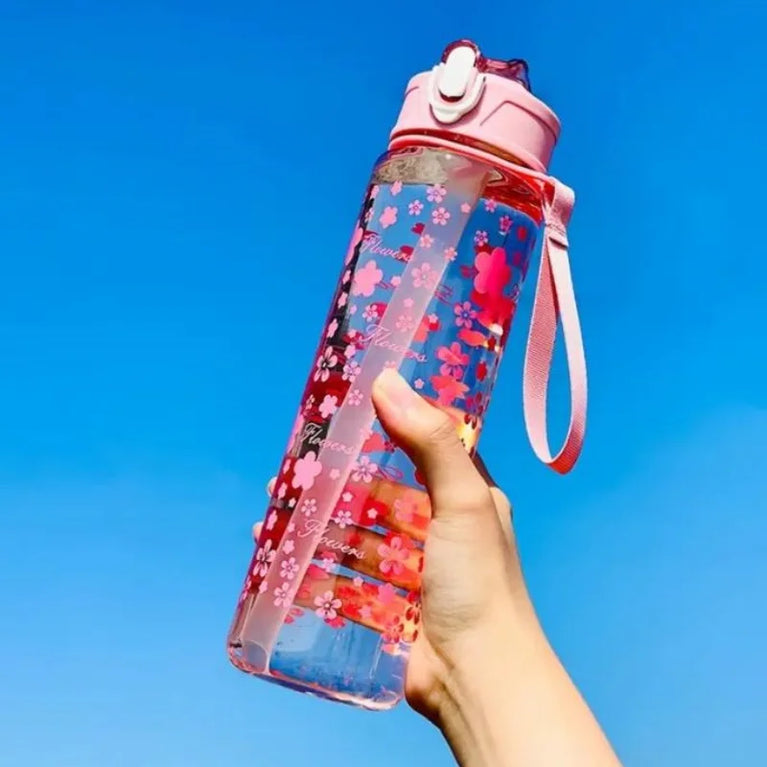 800ML Trendy Printed Space Straw Water Bottle with Portable Strap