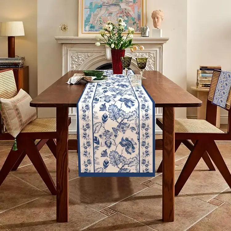 Summer Blue Floral Linen Table Runner | Reusable Farmhouse Dining Decor