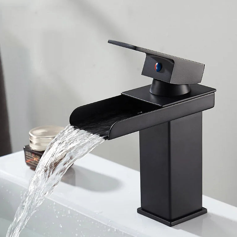 Waterfall Wide-Mouth Stainless Steel Faucet | Contemporary Deck-Mounted Hot & Cold Basin Tap