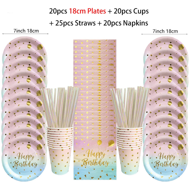Rainbow Birthday Disposable Tableware Gold Dot Party Set Plates Cups Napkins