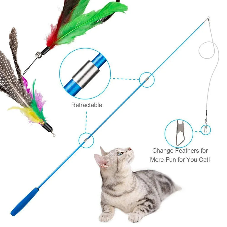 11pcs Replacement Cat Feather Toy Set Retractable Stick Kit Toy