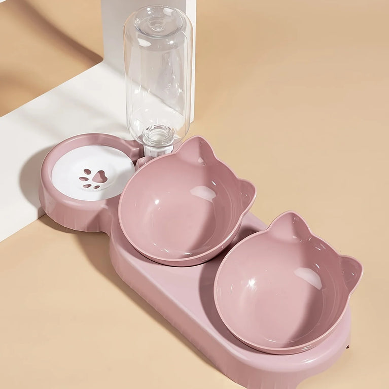 3 in 1 Tilted Cat Bowl Set with Water Feeder Raised Design