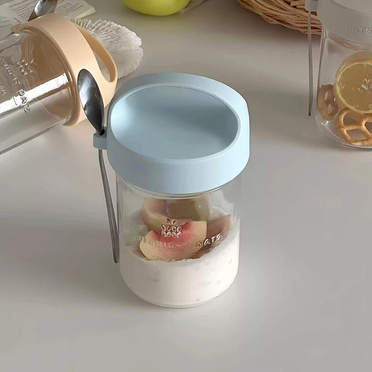 Glass Yogurt Breakfast Cup With Lid Spoon Overnight Oats Container Jar