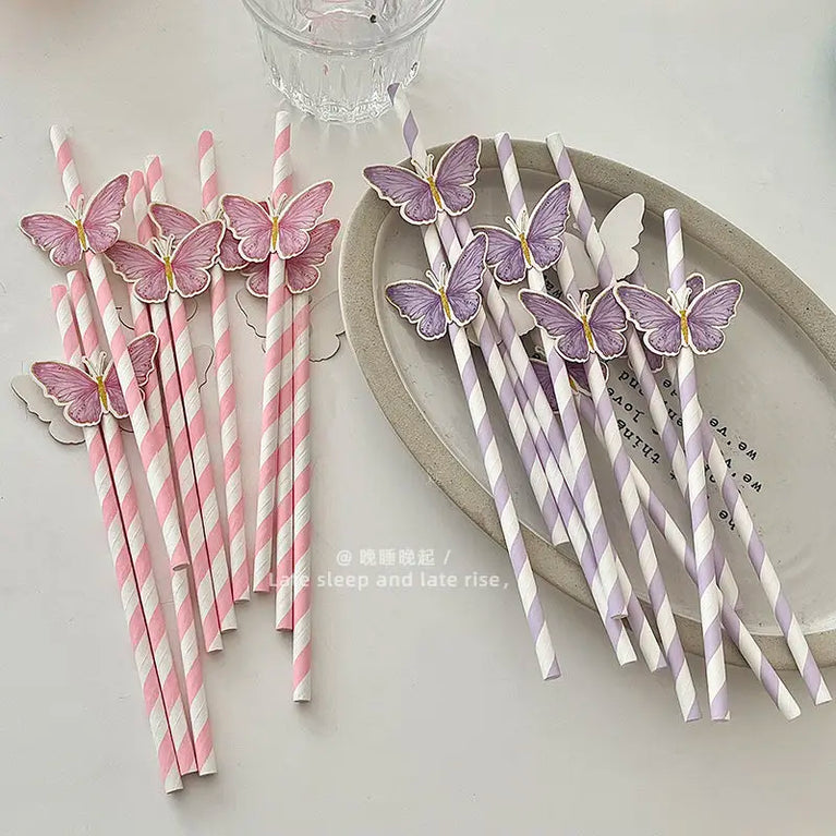 Butterfly Paper Straws 10 Sticks Disposable Eco Friendly Juice Milk Tea Drink Straws