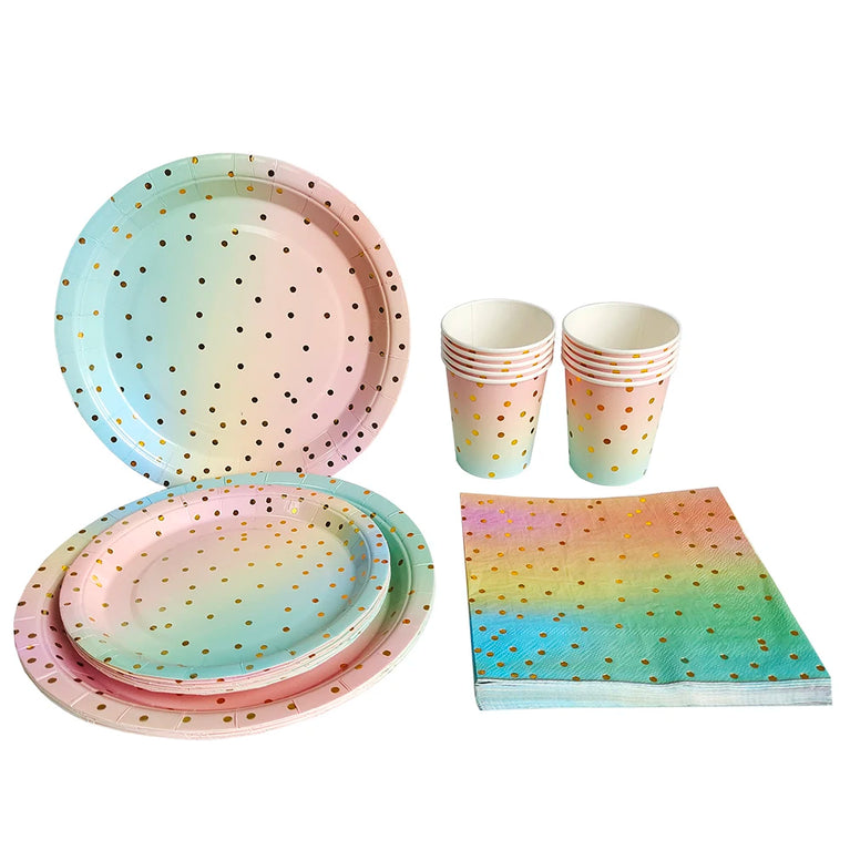 Rainbow Birthday Disposable Tableware Gold Dot Party Set Plates Cups Napkins