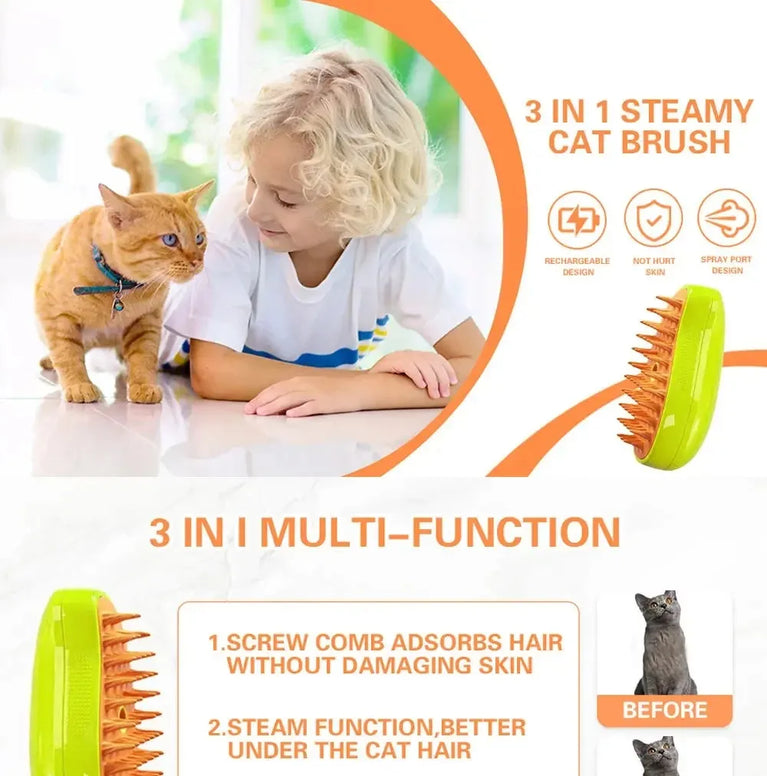 Cat Steamy Brush Electric Spray Massage Grooming Shedding 3in1 Tool