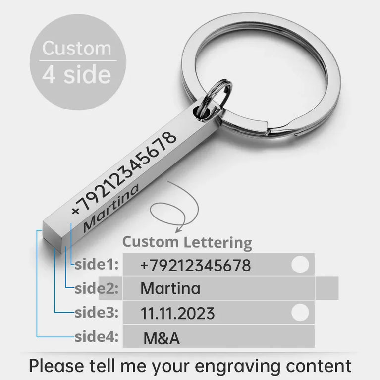 3D Bar Stainless Steel Personalized Keychain | Custom Engraved 4-Side Keyring