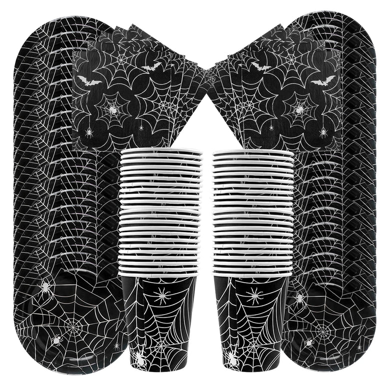 Halloween Spider Web Disposable Tableware Set Black Plates Cups Napkins Party Decoration