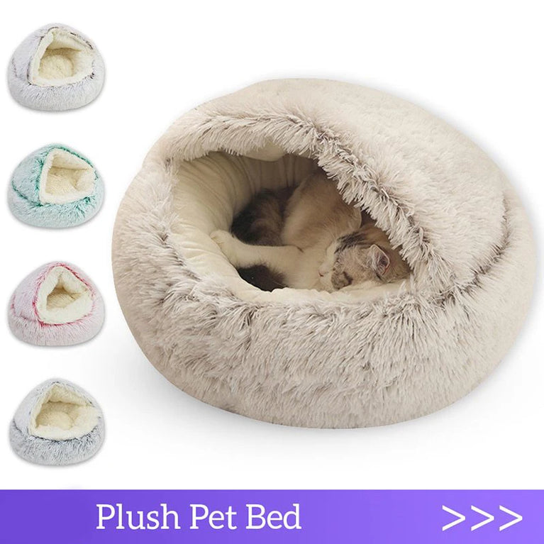 Soft Plush Round Pet Bed Cave 2in1 Warm Cat Dog Sleeping Nest Cozy Home