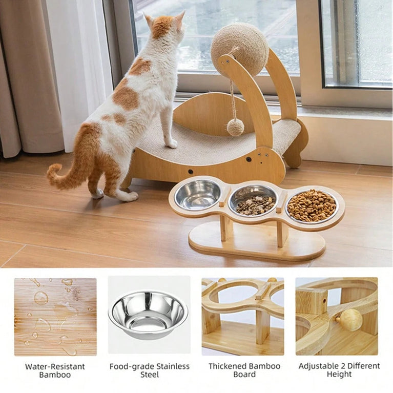 15° Tilted Raised Cat Bowl Set with 3 Stainless Steel Bowls Feeder