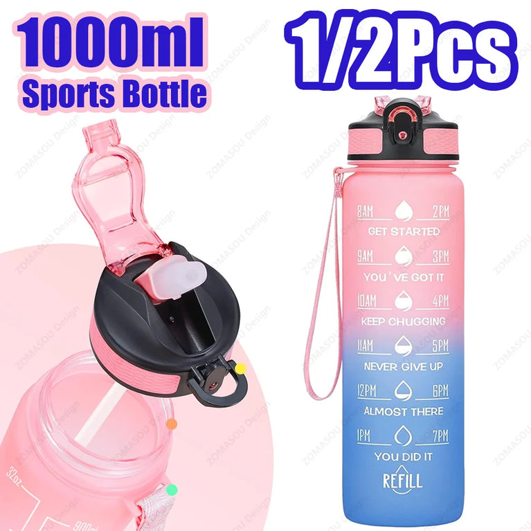 1000ML Motivational Time Marker Sports Waterbottle Leakproof Gym Bottle