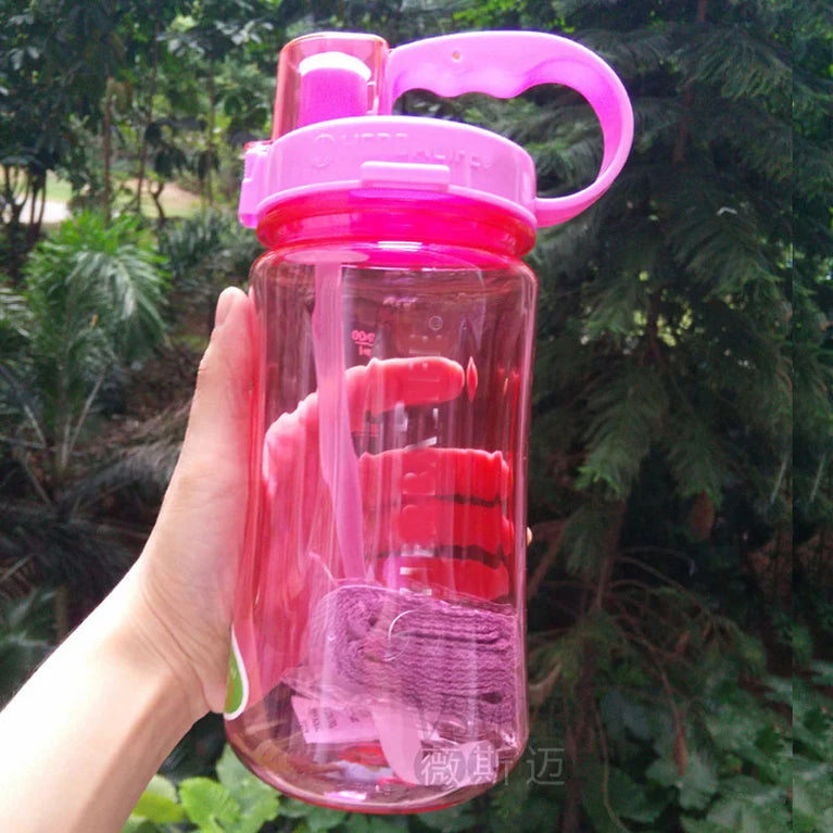 1000ml Transparent Straw Strap Bounce Button Sports Water Bottle 1L Leakproof Handgrip Gym Hydration Bottle