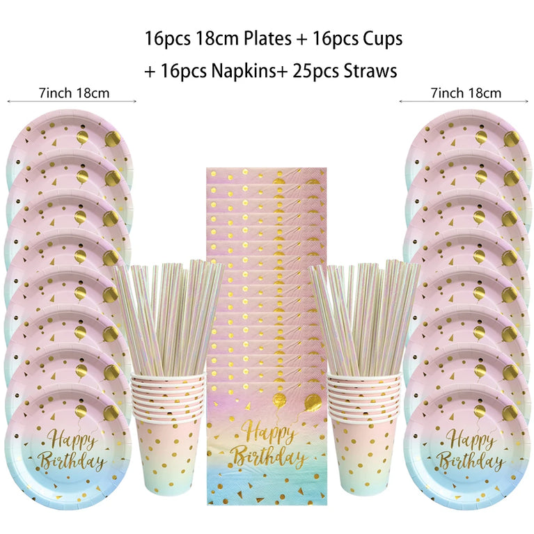 Rainbow Birthday Disposable Tableware Gold Dot Party Set Plates Cups Napkins