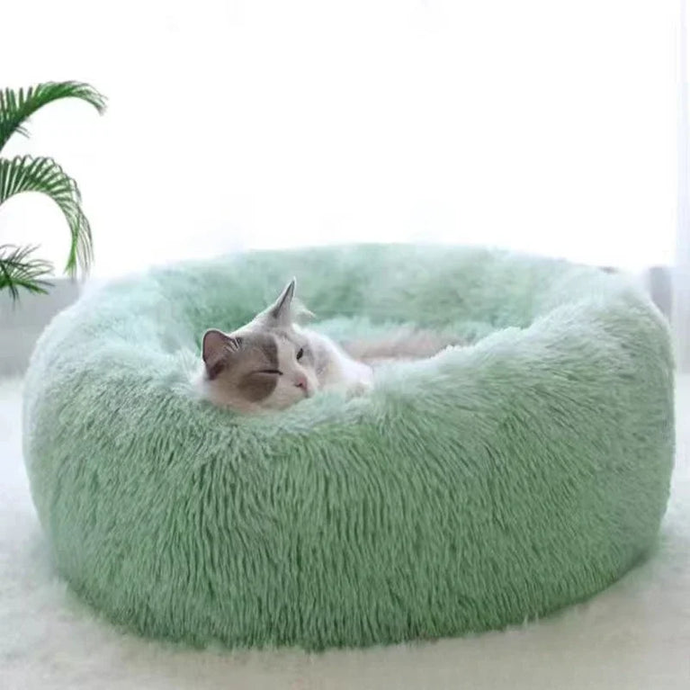 Round Plush Cat Bed Nest Soft Faux Fur Cozy Non-Slip Pet Bed