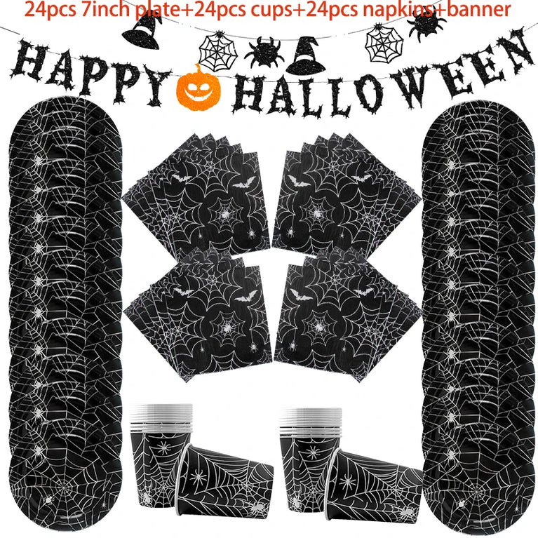 Halloween Spider Web Disposable Tableware Set Black Plates Cups Napkins Party Decoration
