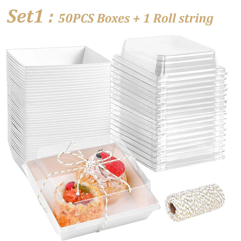 50PCS Paper Charcuterie Boxes with Clear Lids Square White Disposable Donut Dessert To Go Containers