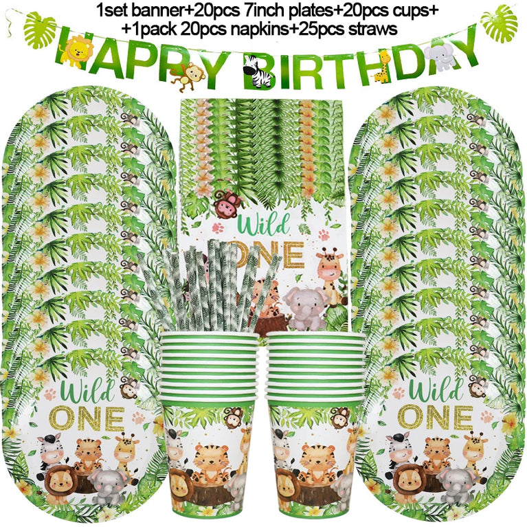 Wild One Animals Jungle Safari Birthday Disposable Tableware Set
