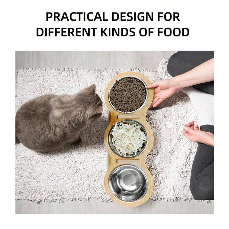 15° Tilted Raised Cat Bowl Set with 3 Stainless Steel Bowls Feeder